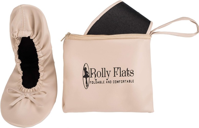 Women's Portable Foldable Ballet Flats Shoes Pumps Roll Up Slippers with Travel Pouch Bag - Medium Nude