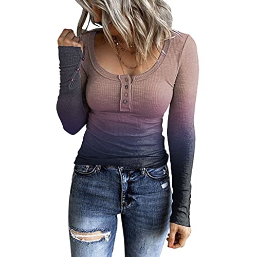 Women's 2023 Fall Long Sleeve Henley T Shirts Button Down Slim Fitted Tops Scoop Neck Ribbed Knit Casual Basic Shirts - Small - 20-brown