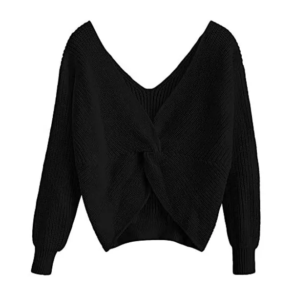 ZAFUL Women's V-Neck Criss Cross Twisted Back Pullover Knitted Crop Sweater Jumper Tops