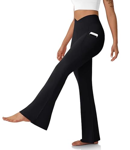 DLOODA Women's Flare Leggings with Pockets-Crossover High Waisted Bootcut Yoga Pants-Tummy Control Bell Bottom Leggings - Small - Black