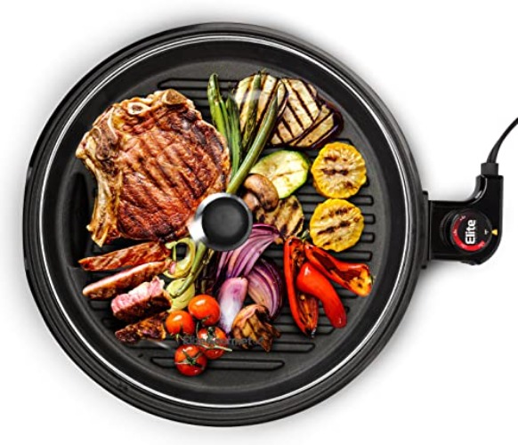 Elite Gourmet EMG6505G Smokeless Indoor Electric BBQ Grill with Glass Lid, Dishwasher Safe, Nonstick, Adjustable Temperature, Fast Heat Up, Low-Fat Meals Easy to Clean Design - 12"