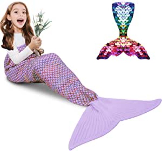 AmyHomie Mermaid Tail Blanket, Hand Crochet Mermaid Blanket for Kids, Super Soft Breathable Little Mermaid Tail Sleeping Bag, Best Mermaid Gifts for Girls(Light Purple Rainbow, Kids) - Light Purple Rainbow Kids