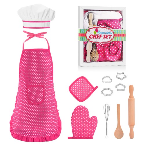 Popular Gifts for 2-8 Year Old Girls Boys, Chef Costume Set for Kids Apron for Girls Kids Chef Hat and Cooking Toys Birthday Xmas Stocking Stuffer for Toddlers Pink - Pink