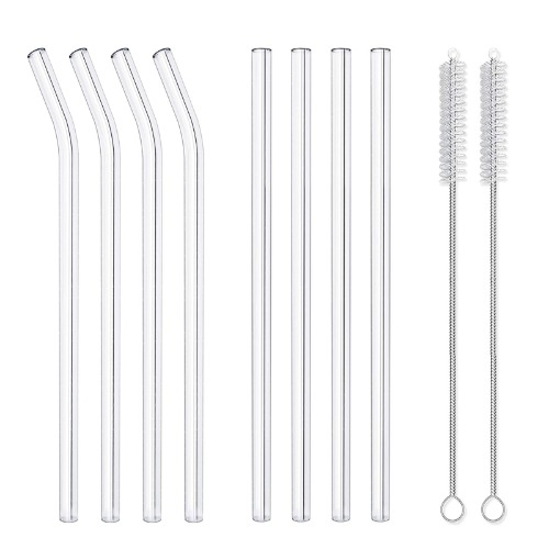 8 Pack Reusable Glass Drinking Straws - 10" x 10 mm - Smoothie Straws for Milkshakes, Frozen Drinks, Smoothies, Bubble Tea - Environmentally Friendly