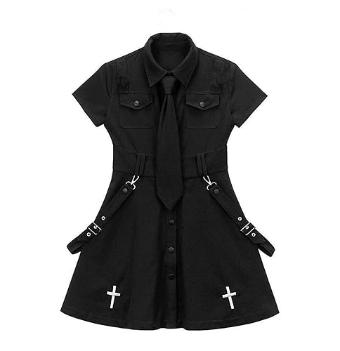 Goth Dress Punk Gothic Harajuku Summer Black Mini Dress Shirt Women Short Sleeve Emo Clothes Mall Goth Accessories - Small - Black