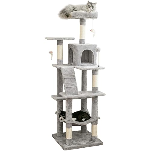 MWPO 63.8 inches Multi-Level Cat Tree for Large Cats with Sisal-Covered Scratching Posts, Padded Platform, Hammock and Condo,Stable Cat Tower Cat Condo Pet Play House-Light Gray - 63.8 in - Light Gray