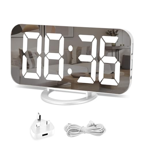LED Digital Alarm Clock Mirror Alarm Clock, Large 6.5" LED Display with Light Sensing Dimming Mode, Adjustable Brightness, 2 USB Charging Ports Button Snooze Function for Bedroom Living Room White - White