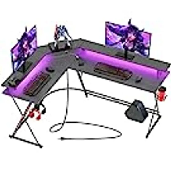 SEVEN WARRIOR Gaming Desk 58” with LED Lights & Power Outlets, L-Shaped Gaming Desk Carbon Fiber Surface with Monitor Stand, Ergonomic Gamer Table with Cup Holder, Headphone Hook, Black