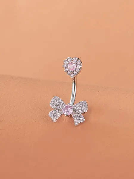 Cubic Zirconia Bow & Heart Decor Navel Belly Ring Unisex Stainless Steel Crystal Punk Piercing - A Fashionable Body Jewelry Gift For Any Occasion