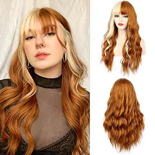 FORCUTEU Orange Wig With Bangs Long Orange Wigs for Women Orange and Blonde Wig Heat Resistant Wigs for Daily Party Cosplay (26Inch Orange and Blonde) - 26 Inch (Pack of 1) - Orange Mix Blonde