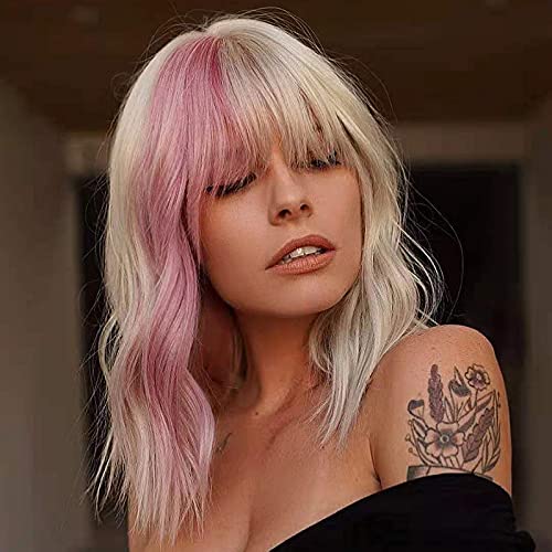 FAELBATY Short Blonde Wig Highlight Pink Wigs With Bangs Women's Blonde Mixed Pink Bob Wig Curly Wavy Synthetic Cosplay Wig Shoulder Length Wig for Girl's Costume Wigs(12" blonde mixed pink) - N blonde & pink