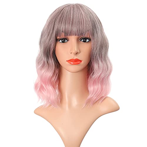 FAELBATY Ombre Pink Wig With Bangs Short Wave Bob Synthetic Wig Cosplay Wig for Women Halloween Wig Costume Wigs (12" Ombre Pink) - T8/203C