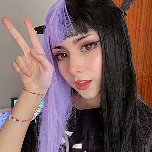 RONGDUOYI RDY Half Black Half Purple Cosplay Wigs Long Straight Lolita Bangs Wig Heat Resistant Fiber Natural Looking No Lace Cosplay Daily Wear Wig for Women Colorful Costume Wigs 24 Inches - 24 Inch - half black half purple