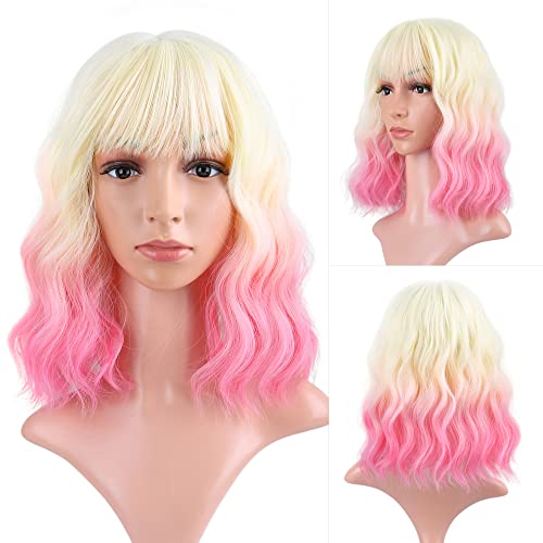 FAELBATY Short Pink Wig White Gold Ombre Pink Wig With Bangs Short Wave Bob Synthetic Wig Cosplay Wig for Women Halloween Wig Costume Wigs (12" 613/Pink) - 613/pink