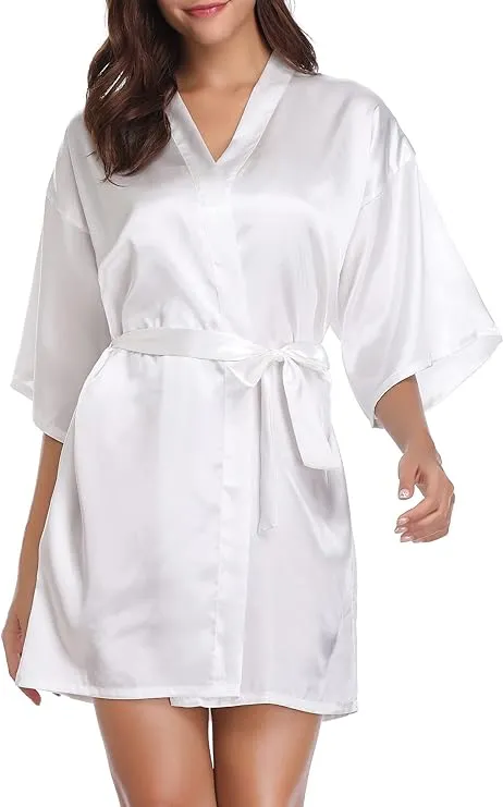 Vlazom Womens Kimono Robes Dressing Gown Satin Bathrobe Nightdress Short Style Bridal Robe with Oblique V-Neck - Whtie S