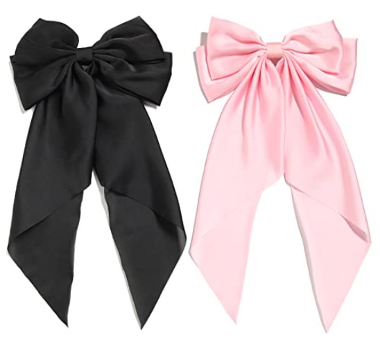 Furling Pompoms Pack of 2 Big Bow Hair Barrette Clips Soft Satin Silky Bowknot with long Tail French Barrette Hair Clip Hair Scrunchie Cute Gifts for Women Girls Black Pink - Pink,Black