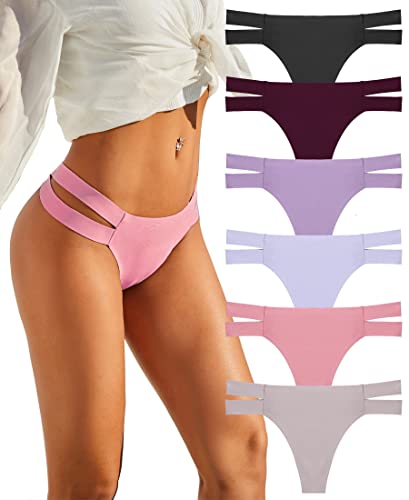 FINETOO Pack of 6 Seamless Thong Women's Sexy Lingerie Briefs Seamless Hipster Underpants Thongs Set Underwear Comfortable Women Multicoloured S-XL - S - A-6er