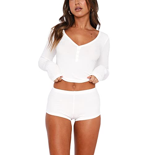 Mesalynch Women 2 Piece Ribbed Knit Pajamas Set Long Sleeve V Neck Button Down Crop Top with Bodycon Shorts Lounge Sweatshirt - S - White