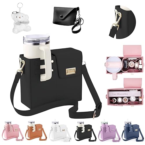 Stanley Cup Purse, Crossbody Bag with Water Bottle Holder, Adjustable Women Shoulder Strap - Black