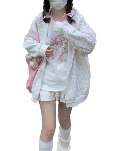 OATSBAS Women's Y2K Cute Floral Hoodies Kawaii Zip Up Hoodies Cartoon Cat Embroidery Oversized Pullover Sweatshirt - White