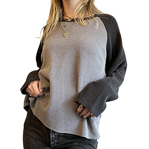 Women Y2k Crop Top Long Sleeve Aesthetic Slim Fit Graphic Fairy Grunge Square Neck T Shirts Vintage Teen Girl Tees - Grey Reglan Patchwork