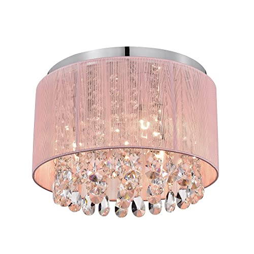 Pink Chandelier Mini Crystal Chandelier Lighting Drum Flush Mount Chandelier Small Crystal Ceiling Light Fixture 3 Light Bedroom Chandelier - Pink