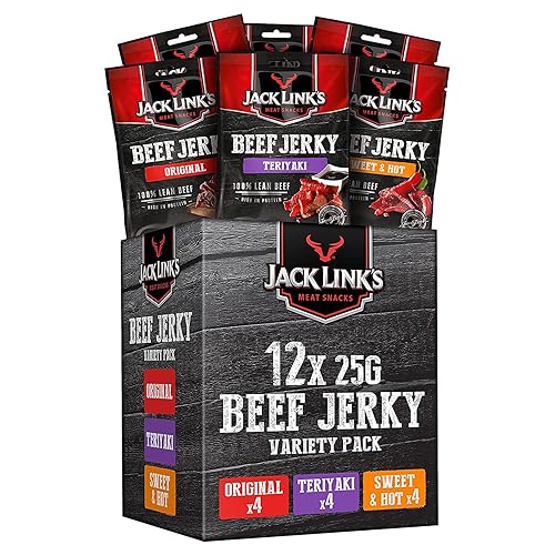 Jack Links Beef Jerky Mixed Case Variety Pack, x4 Sweet and Hot, x4 Teriyaki, x4 Original, Perfect Post Gym Meat Snack - Mixed - 25 g (Pack of 12)