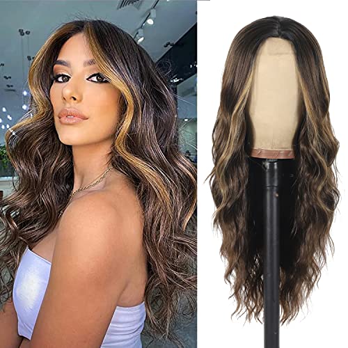QIANSEE Brown Mixed Blonde Wig 26inch Long Wavy Wigs for Women Middle Part Curly Wig Natural Looking Heat Resistant Fiber Synthetic Wigs for Daily Use - Brown Mixed Blonde