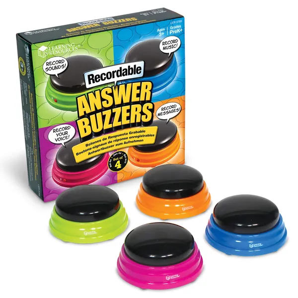 Learning Resources Recordable Answer Buzzers - Set of 4, Ages 3+ | Pre-K Personalized Sound Buzzer, Recordable Buttons, Game Show Buzzers, Perfect for Family Game and Trivia Nights, Dog Buttons for Communications - 