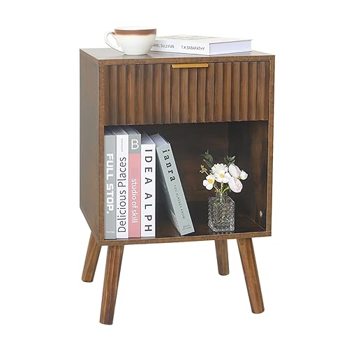 Fultyle Mid Century Modern Nightstand, Wood Bedside Table with Drawer and Opening Storage, End Table Living Room Fluted Night Stand with Solid Wood Legs for Bedroom (Rustic Brown) - Rustic Brown