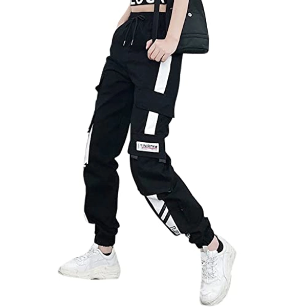 MEINVQIAOTI Schwarze Cargohose für Damen, gerade Hip-Hop-Hop-und dünne Freizeit-Techwear, Damen-Baggy-Hose