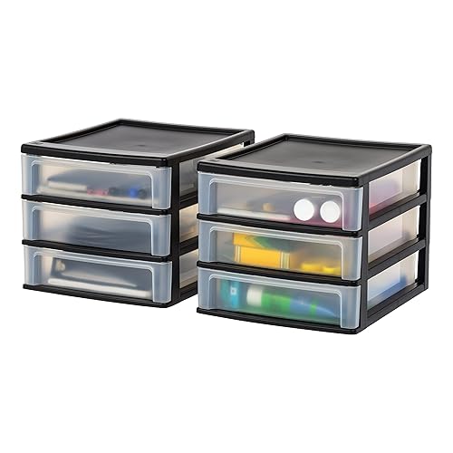 IRIS USA Plastic Stacking Desk Top 3-Drawer Storage Organizer, 2-Pack, for Makep Vanity Nail Polish Bathroom Stationery Art Craft Supplies Kitchen Office Garage and Small Organization, Medium, Black - Medium - 2 Pack