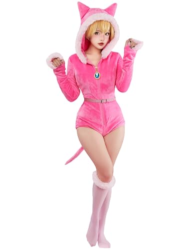 Mobbunny Women Peach Fuzzy Romper Pink Bodycon Fluffy Onesie Pajamas Loungewear Hooded Homewear Jumpsuit with Stockings - Small - Pink