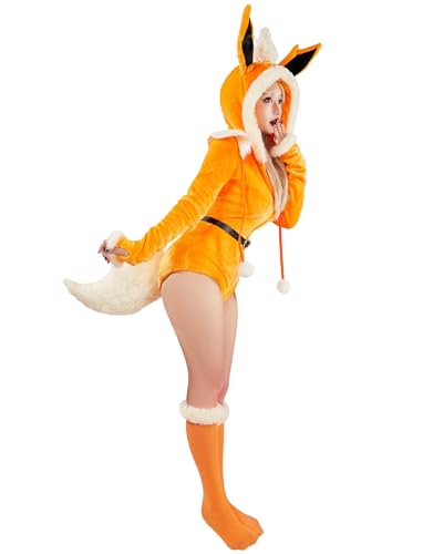 Mobbunny Cute Cartoon Animal Cosplay Costume Fuzzy Onesies Plush Hooded Romper Fluffy Jumpsuit Pajamas with Belt and Tail - Small - Orange