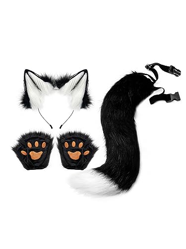 Alyweatry Women Halloween Fox Costume Set Furry Gloves Fox Ears and Tail Outfits For Halloweem Costume Cosplay - White Black - One Size