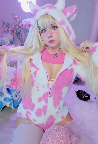 Halloween Women Sexy Onesie Pajama Fluffy Pink Cow Print Bodysuit Hooded Homewear with Choker and Socks