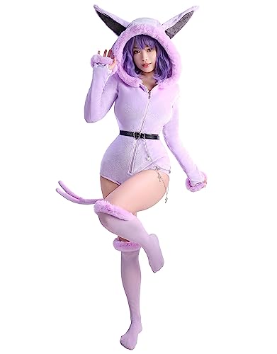 Mobbunny Anime Derivative Romper Onesie Pajamas Bodysuit with Tail Belt and Socks Fluffy Bodycon Hooded Jumpsuit - Small - Purple