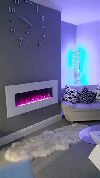2024 TruFlame PREMIUM PRODUCT TruFlame 50inch White Wall Mounted Electric Fire with 10 colour Flames and side LEDs (Pebbles, Logs and Crystals)!