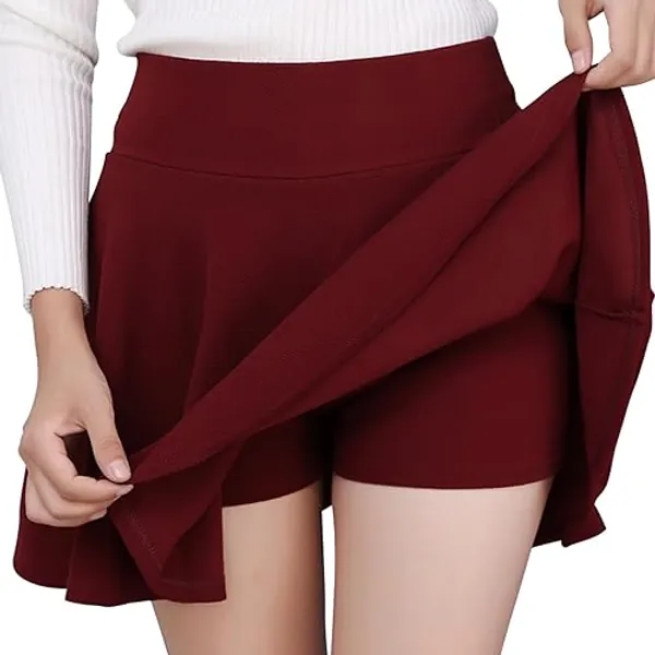 DJT Women's Basic Versatile Casual Stretchy Flared Pleated Mini Skater Skirt with Shorts - Large - Wine