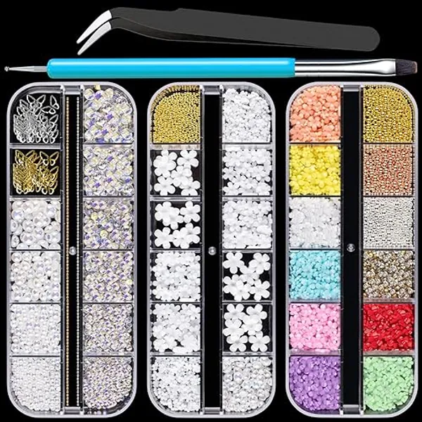 Mixed 3D Nail Art Gem Decoration Accessories Kit #3, Butterfly Starry AB Rhinestone Charm Jewelry for Deco, Pearl Flower Caviar Bead Stone Crystal with Dual-End Brush and Tweezer - 03-Nail Art Decos Set 3