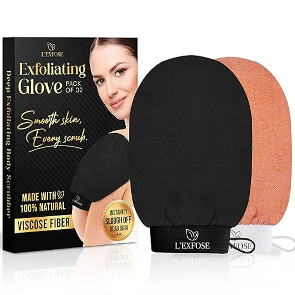 L'Exfose Kessa Hammam Deep Exfoliating Glove 2pc - Korean Exfoliating Mitt for Shower Ideal for Dead Skin Remover, Keratosis Pilaris & Self-Tanning to Improve Skin Tone Made with 100% Natural Viscose - Salmon & Black