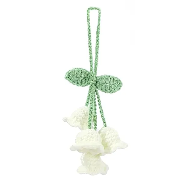 Car Mirror Hanging Accessories Lily Flower Handmade Knitted Car Pendant，Cute Car Decorations for Women Crochet Rearview Mirror Accessories,for Decoration Pendant,Car Accessories Pendant (White 1) - White 1