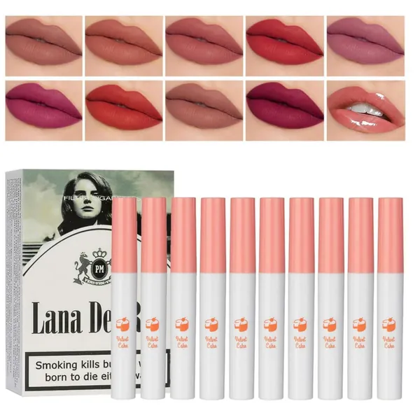 Generic 10 Colors Lana-Del-Rey Lipstick Cigarettes, Matte Lip Tint Stain Set, Non-Sticky Tube Lipstick, Long Lasting Waterproof Lip Gloss, High Pigmented Velvet Lipstick for Women
