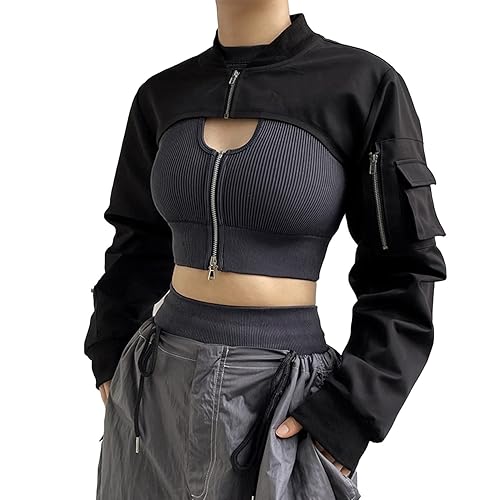 Ypser Reflective Rave Top Crop Top Shrug Techwear Shirt Rave Outfits For Women - Medium-Large - Black