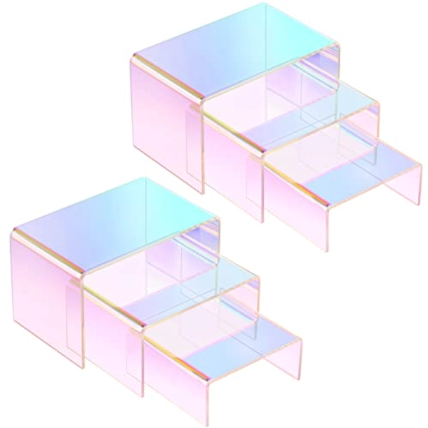Chuangdi 6 Pack Rainbow Clear Large Acrylic Display Riser Set Product Stand 3 Tiered Rectangle Tabletop Jewelry Display Riser Showcase Organize Shelf for Dessert Cupcake Candy Treat Action Figure (Medium)