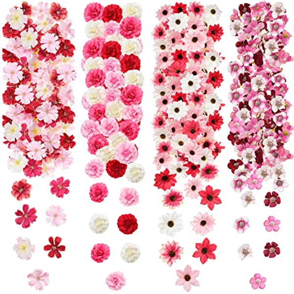 217 Pieces Flower Mini Silk Heads Fake Rose Daisy Faux Flowers for Crafts Rose Flowers Plum Blossom Heads Sunflower Daisy Wedding Decoration for Halloween Home Wedding, 2-4 cm (Bright Color)