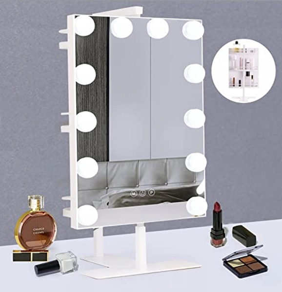 BWLLNI Lighted Vanity Mirror with Lights, Makeup Mirror with Storage Shelves, Vanity Mirror with Lights 12 Dimmable LED Bulbs, 3 Color Lighting Modes, Smart Touch Control, Detachable 10x Magnification