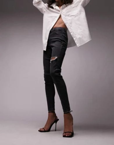Topshop Jamie jeans with thigh rip in washed black  