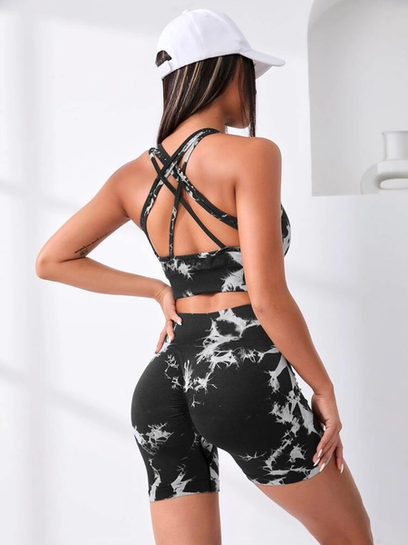 SHEIN Leisure 2pcs Seamless Tie Dye Fitness Yoga Suit Gym Outfits Set Criss Cross Back Top Scrunch Butt Shorts