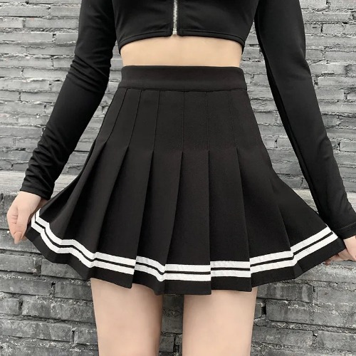 Short Striped Pleated School Skirts | Black / M